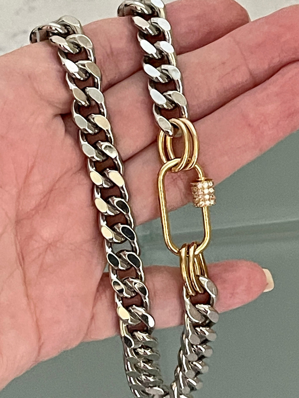 Silver Miami Cuban Chain Necklace – Gold Carabiner Clasp, Mixed Metal