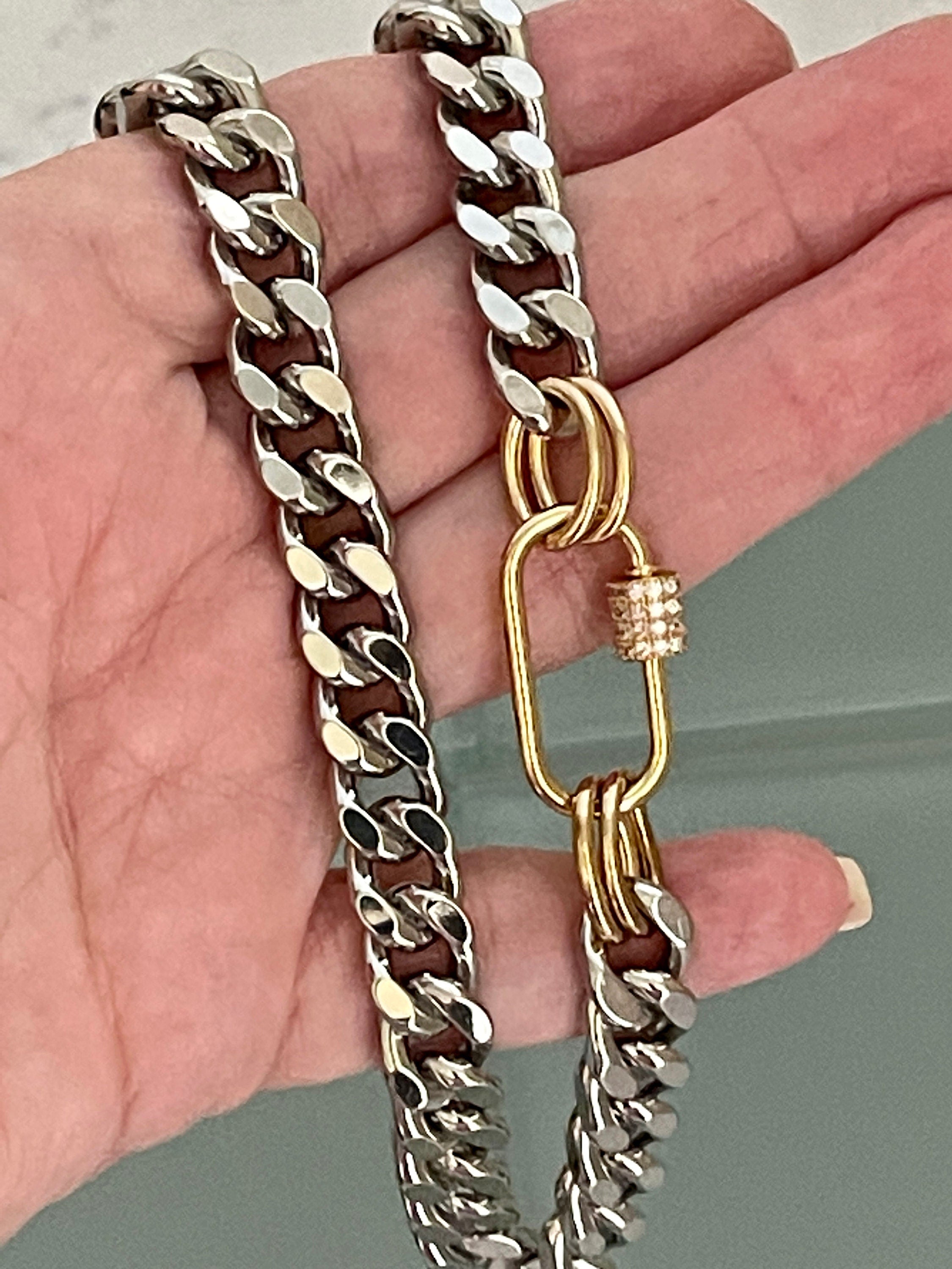 Silver Miami Cuban Chain Necklace – Gold Carabiner Clasp, Mixed Metal