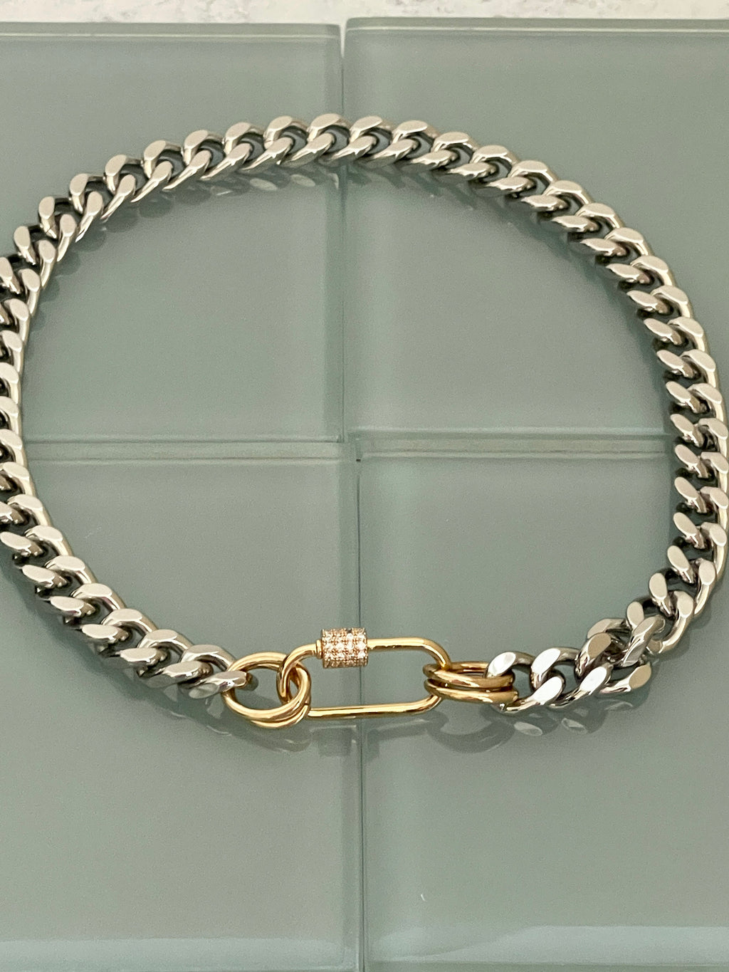 Silver Miami Cuban Chain Necklace – Gold Carabiner Clasp, Mixed Metal