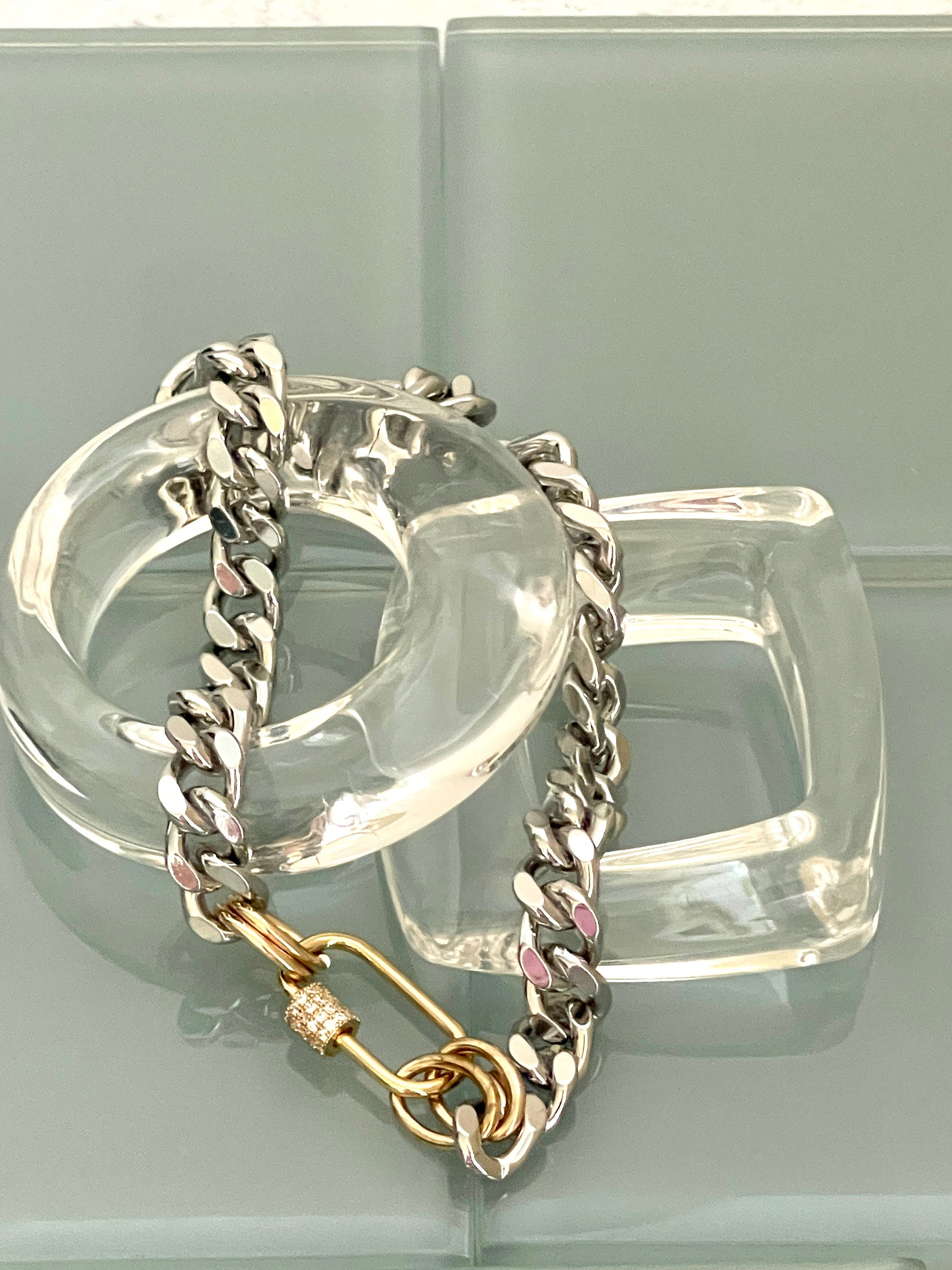 Silver Miami Cuban Chain Necklace – Gold Carabiner Clasp, Mixed Metal