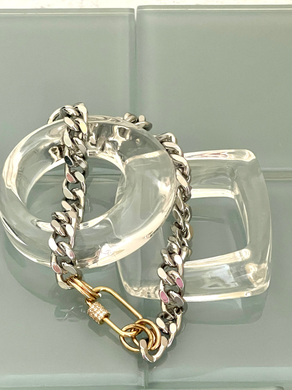 Silver Miami Cuban Chain Necklace – Gold Carabiner Clasp, Mixed Metal