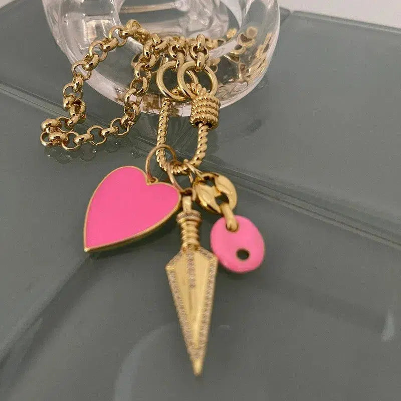 Gold Rolo Chain Necklace-Multiple Charm Necklace-Gold CZ Arrow Charm-Pink Enamel Heart Pendant-Carabiner Screw Clasp-Layering Chain Necklace