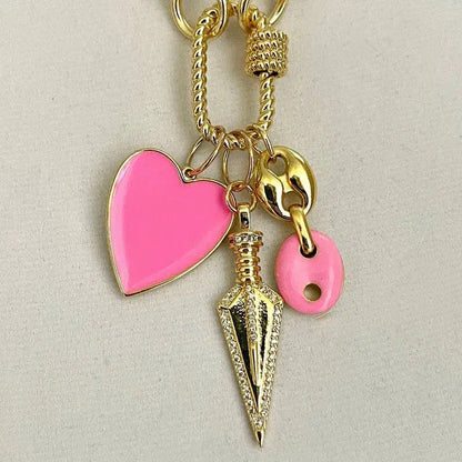 Gold Rolo Chain Necklace-Multiple Charm Necklace-Gold CZ Arrow Charm-Pink Enamel Heart Pendant-Carabiner Screw Clasp-Layering Chain Necklace