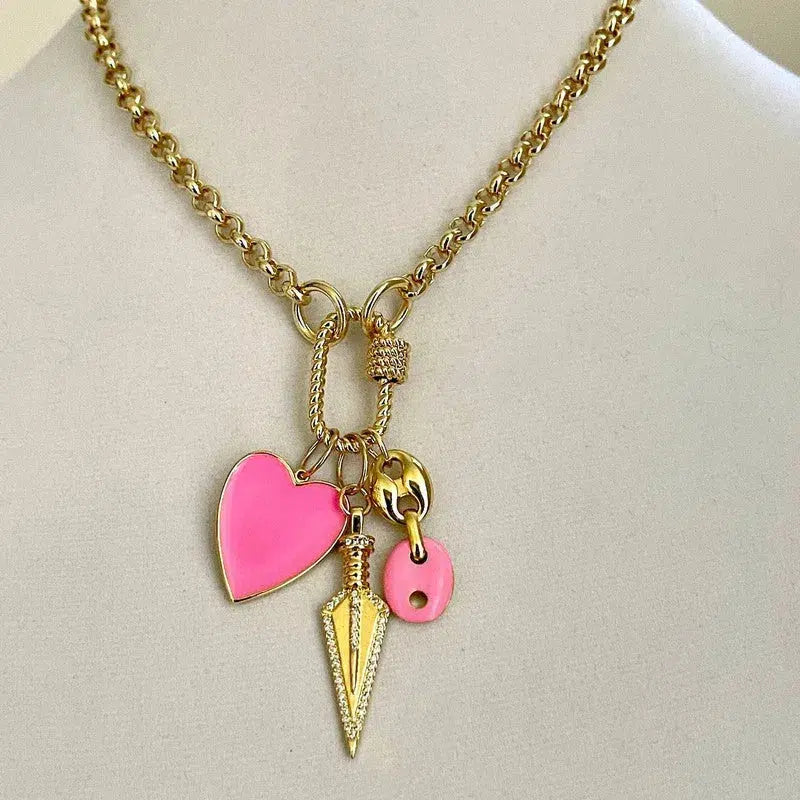 Gold Rolo Chain Necklace-Multiple Charm Necklace-Gold CZ Arrow Charm-Pink Enamel Heart Pendant-Carabiner Screw Clasp-Layering Chain Necklace
