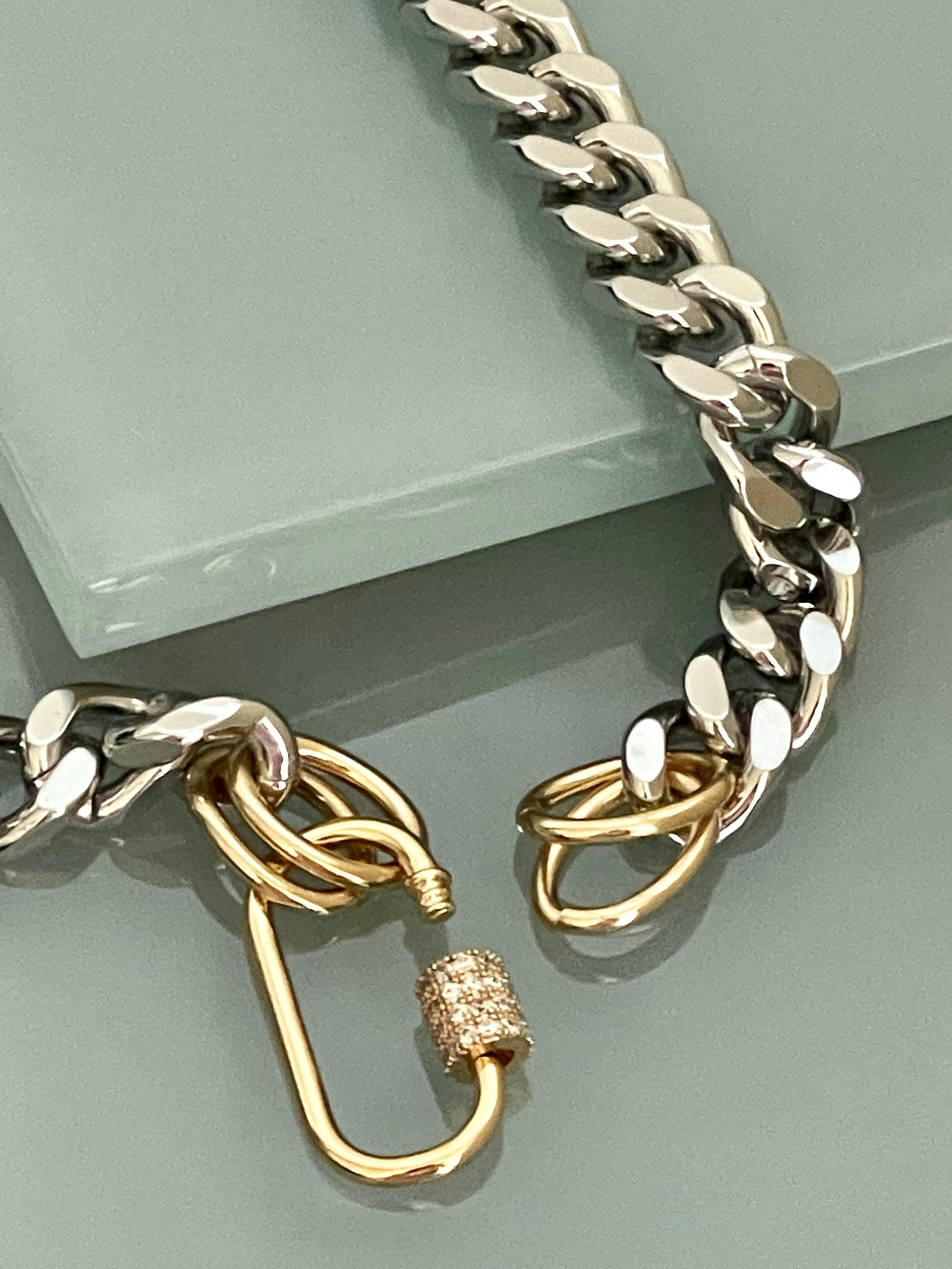 Silver Miami Cuban Chain Necklace – Gold Carabiner Clasp, Mixed Metal