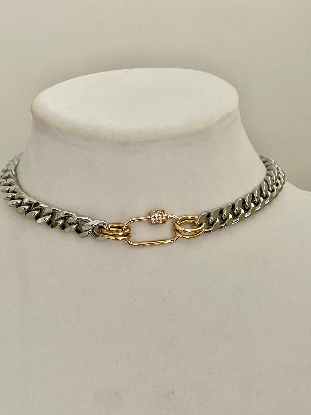 Silver Miami Cuban Chain Necklace – Gold Carabiner Clasp, Mixed Metal