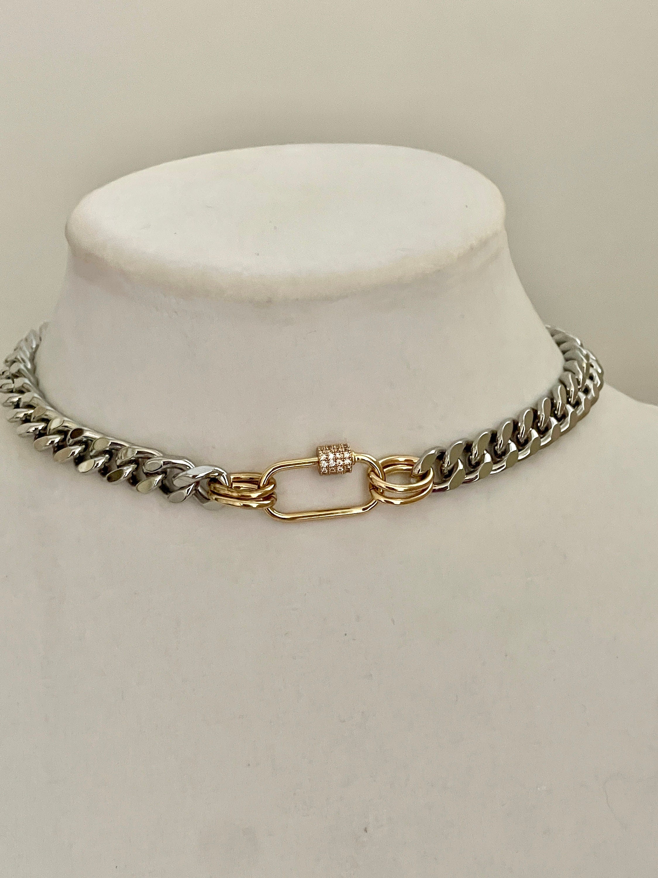 Silver Miami Cuban Chain Necklace – Gold Carabiner Clasp, Mixed Metal