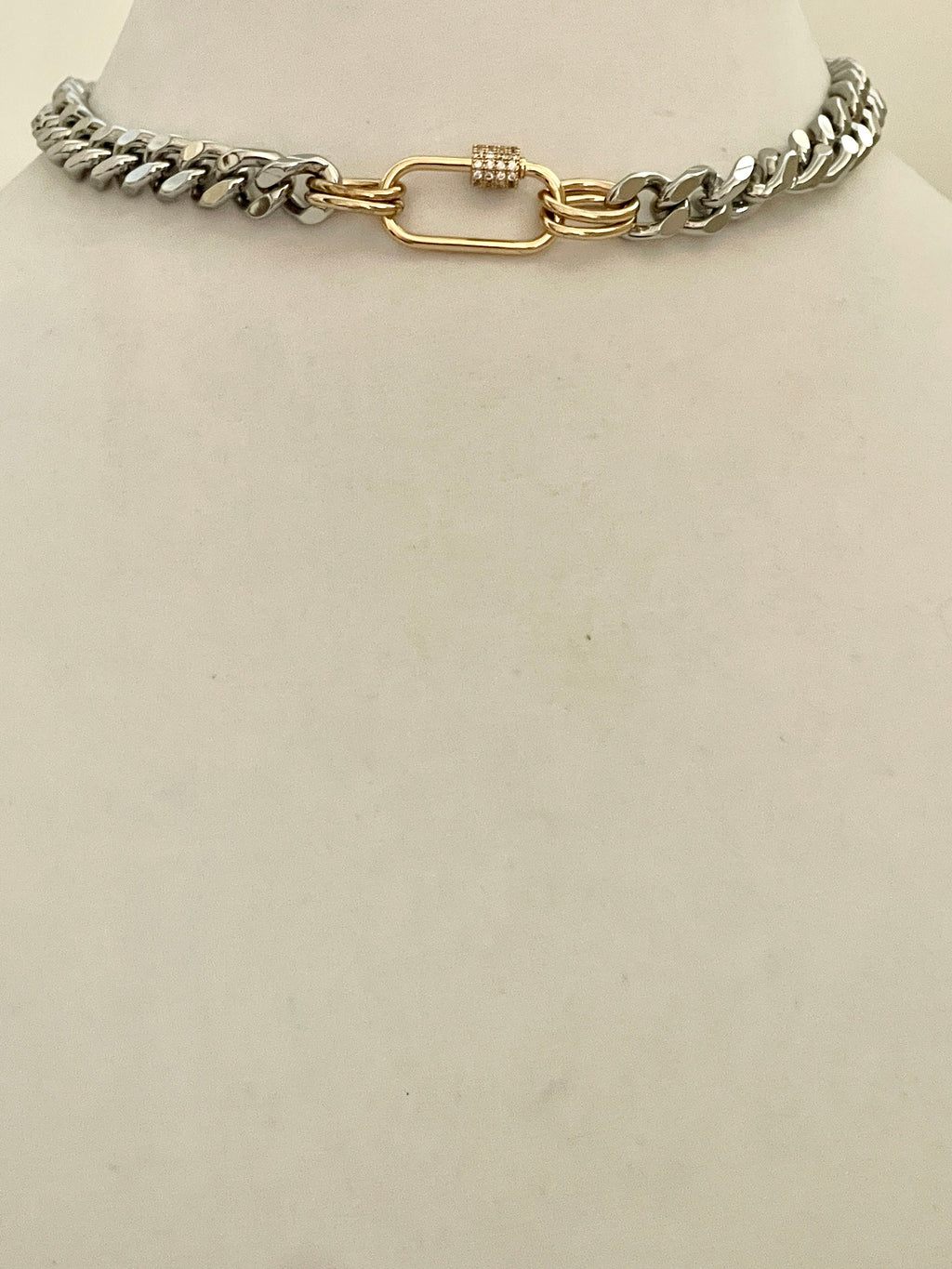 Silver Miami Cuban Chain Necklace – Gold Carabiner Clasp, Mixed Metal