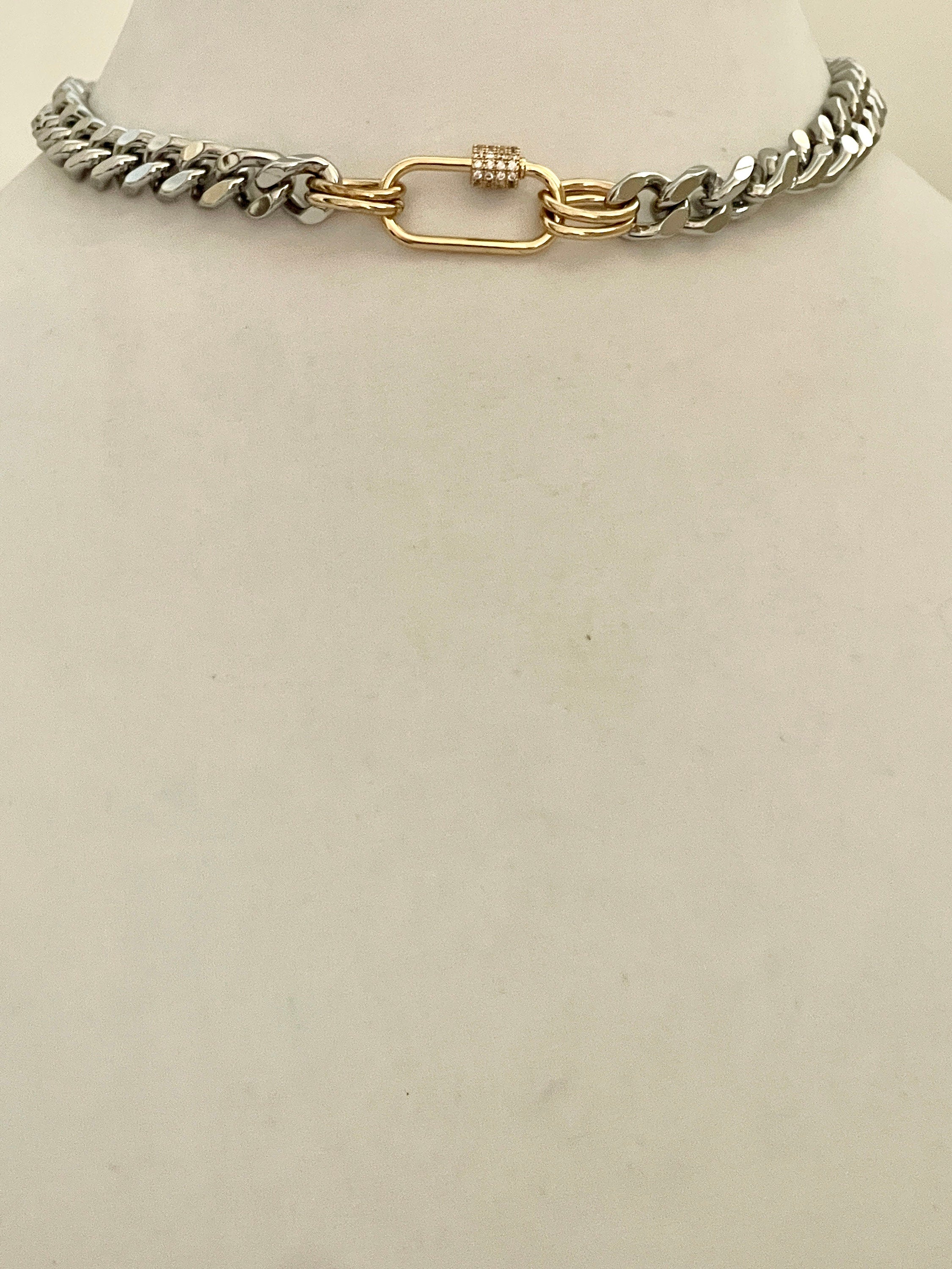 Silver Miami Cuban Chain Necklace – Gold Carabiner Clasp, Mixed Metal