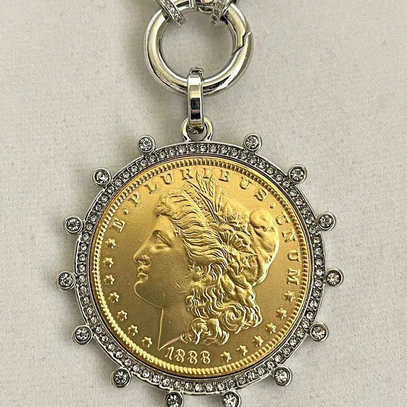 Silver Chain Coin Necklace-Silver Multi Link Chain-Gold Reproduction Morgan Peace Dollar Coin-Silver Cubic Zirconia Bezel -Spring Lock Clasp