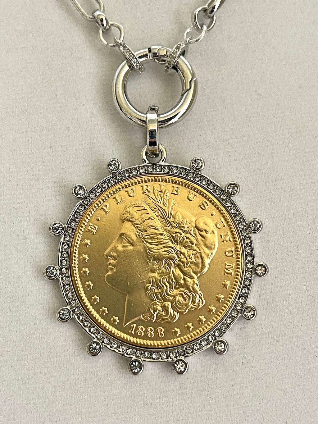 Gold Morgan Dollar Reproduction Necklace – Silver CZ Bezel, Multi-Link Chain