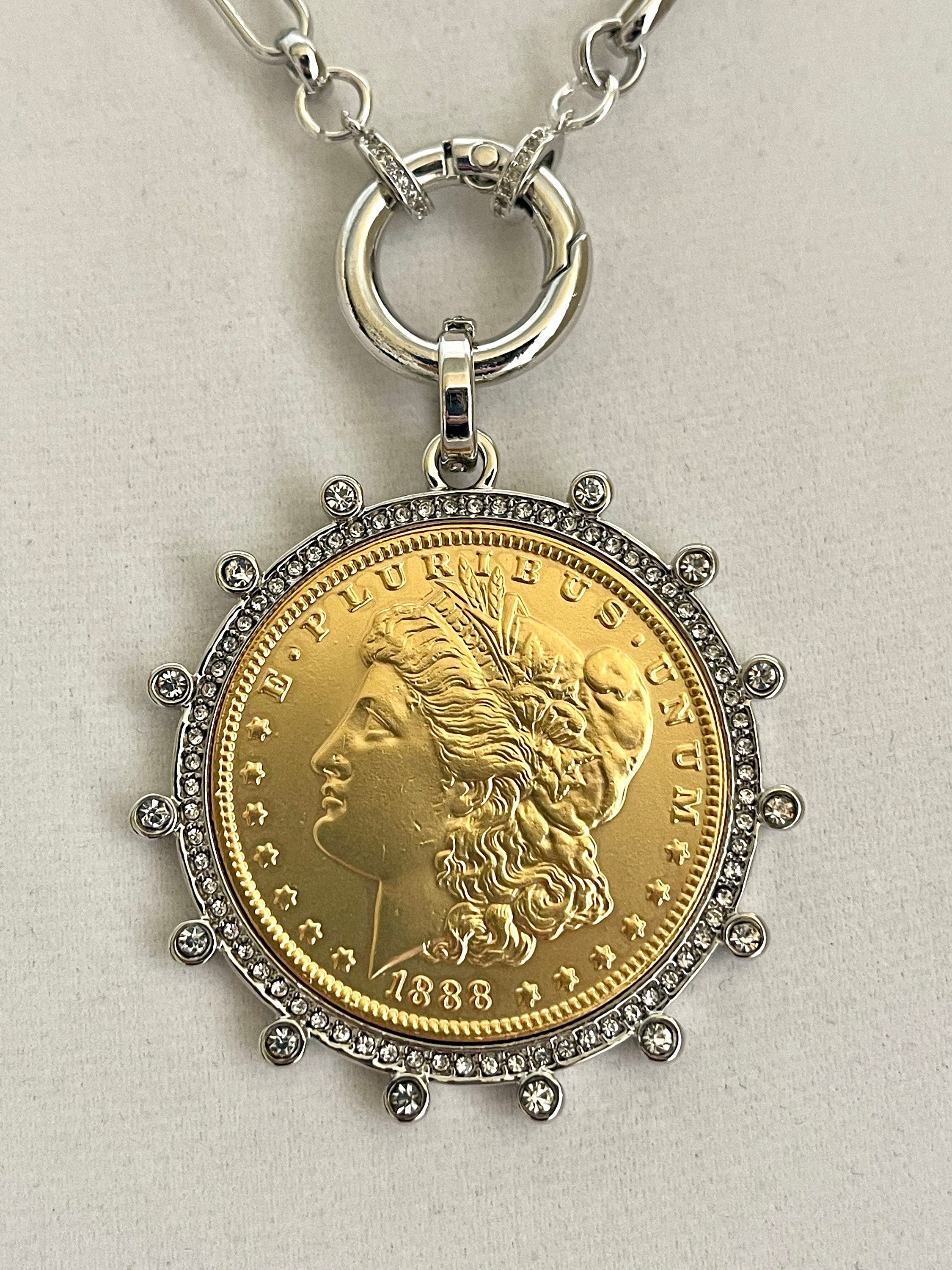Gold Morgan Dollar Reproduction Necklace – Silver CZ Bezel, Multi-Link Chain