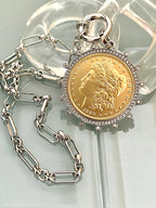 Gold Morgan Dollar Reproduction Necklace – Silver CZ Bezel, Multi-Link Chain
