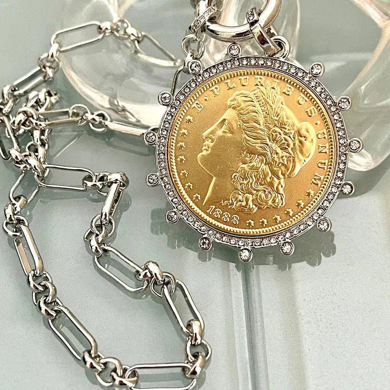 Silver Chain Coin Necklace-Silver Multi Link Chain-Gold Reproduction Morgan Peace Dollar Coin-Silver Cubic Zirconia Bezel -Spring Lock Clasp