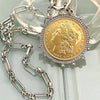 Silver Chain Coin Necklace-Silver Multi Link Chain-Gold Reproduction Morgan Peace Dollar Coin-Silver Cubic Zirconia Bezel -Spring Lock Clasp