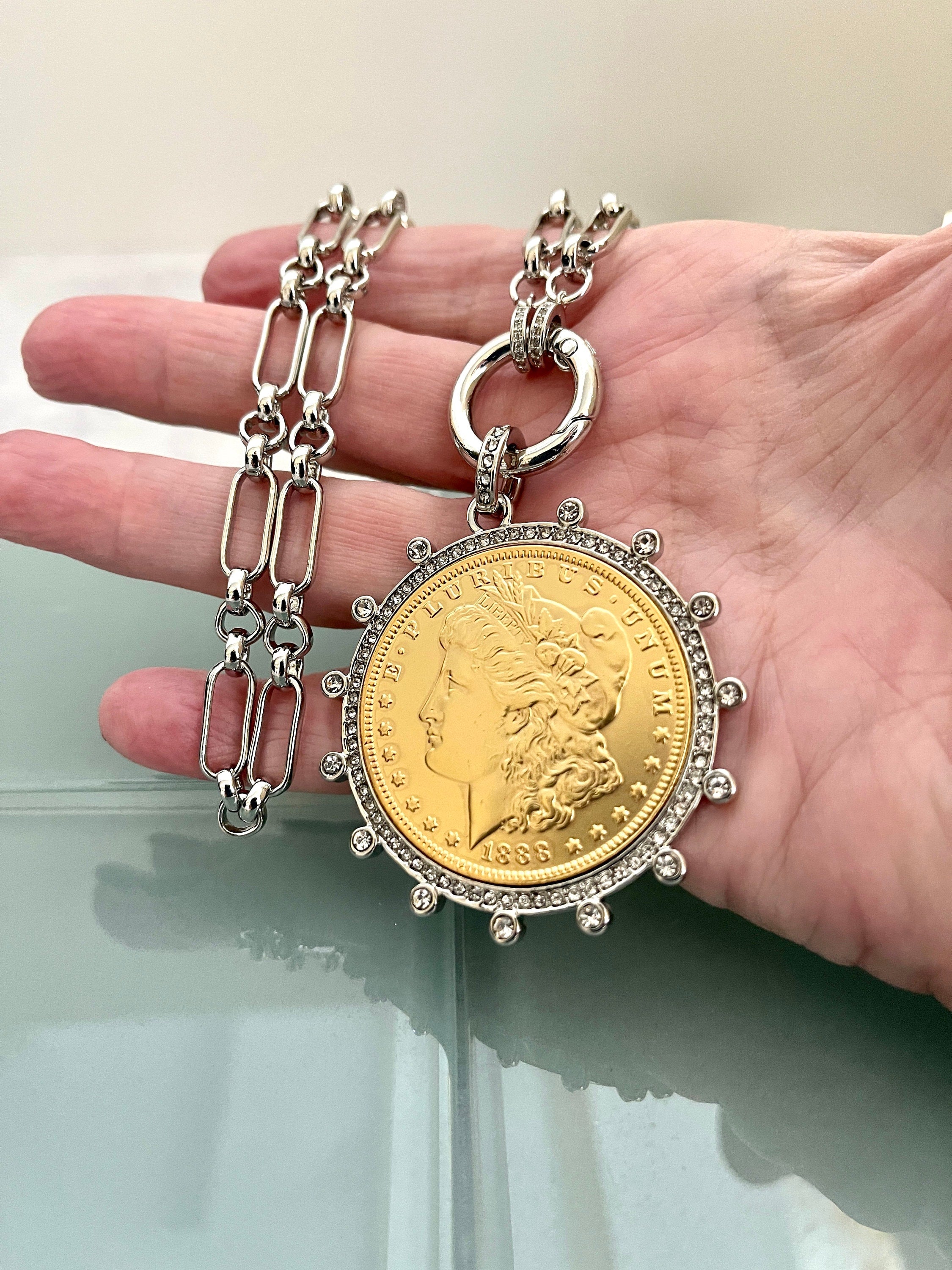 Gold Morgan Dollar Reproduction Necklace – Silver CZ Bezel, Multi-Link Chain
