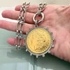 Silver Chain Coin Necklace-Silver Multi Link Chain-Gold Reproduction Morgan Peace Dollar Coin-Silver Cubic Zirconia Bezel -Spring Lock Clasp