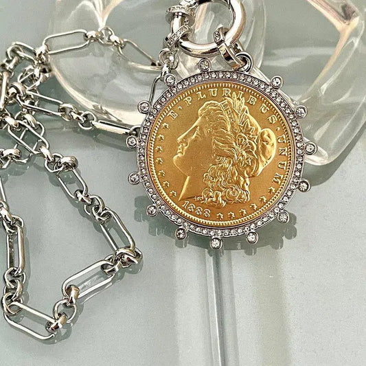 Silver Chain Coin Necklace-Silver Multi Link Chain-Gold Reproduction Morgan Peace Dollar Coin-Silver Cubic Zirconia Bezel -Spring Lock Clasp