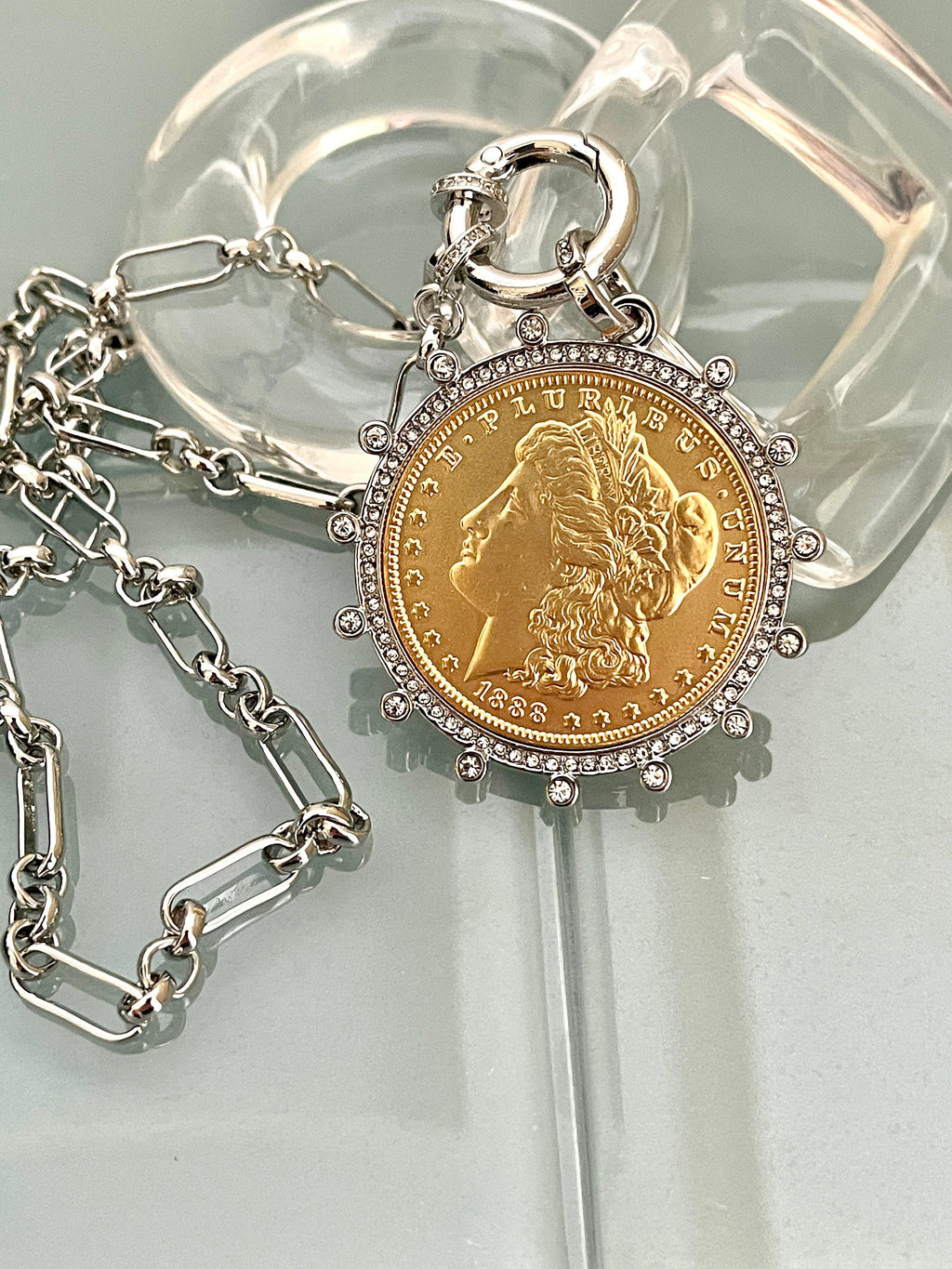 Gold Morgan Dollar Reproduction Necklace – Silver CZ Bezel, Multi-Link Chain