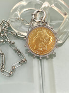 Gold Morgan Dollar Reproduction Necklace – Silver CZ Bezel, Multi-Link Chain