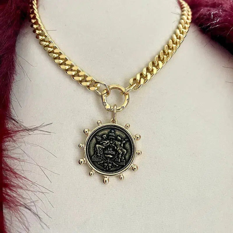 Gold Chunky Miami Cuban Chain Necklace-French Le Monde Replica Coin-Spiked Gold Bezel -Burnished Silver Coin Pendant-CZ Spring Lock Clasp