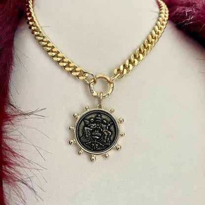 Gold Chunky Miami Cuban Chain Necklace-French Le Monde Replica Coin-Spiked Gold Bezel -Burnished Silver Coin Pendant-CZ Spring Lock Clasp