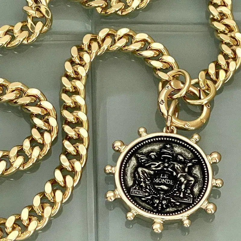 Gold Chunky Miami Cuban Chain Necklace-French Le Monde Replica Coin-Spiked Gold Bezel -Burnished Silver Coin Pendant-CZ Spring Lock Clasp