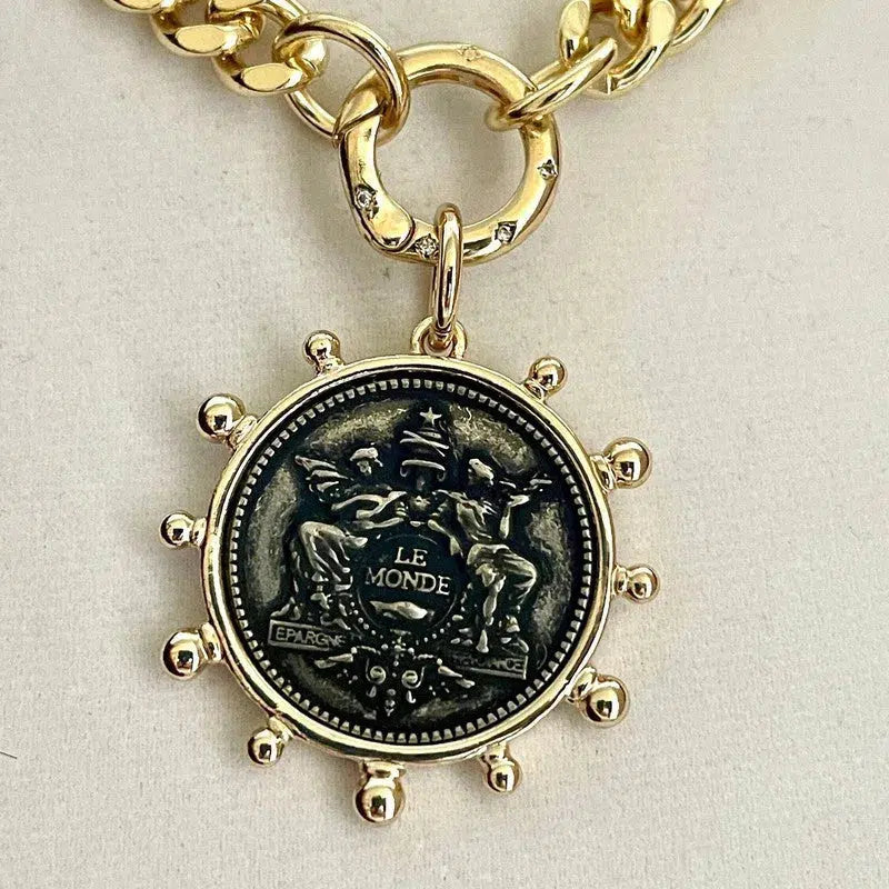 Gold Chunky Miami Cuban Chain Necklace-French Le Monde Replica Coin-Spiked Gold Bezel -Burnished Silver Coin Pendant-CZ Spring Lock Clasp