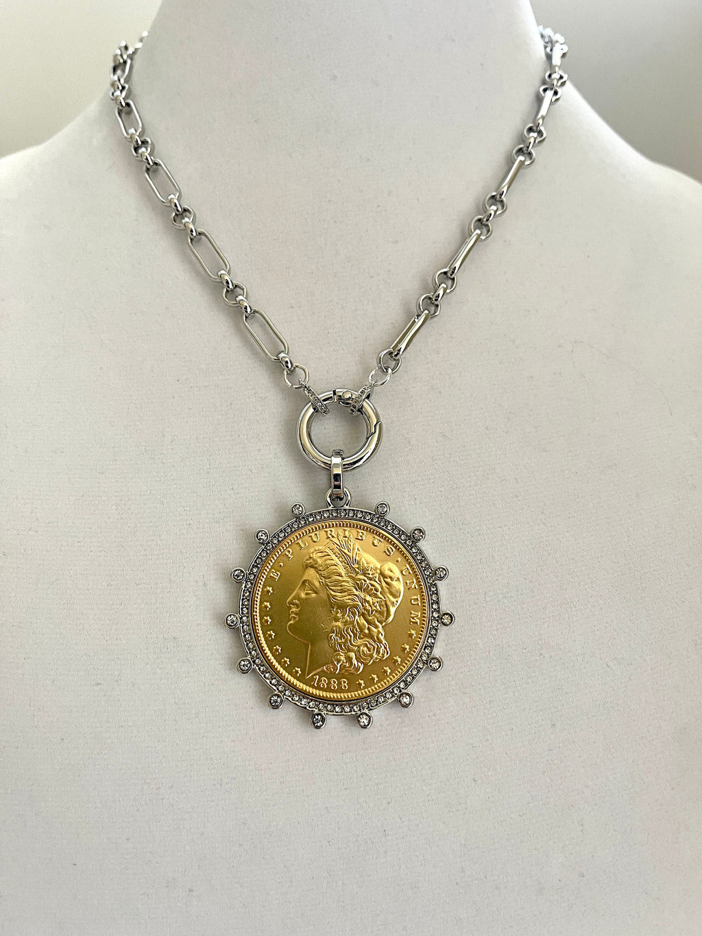 Gold Morgan Dollar Reproduction Necklace – Silver CZ Bezel, Multi-Link Chain