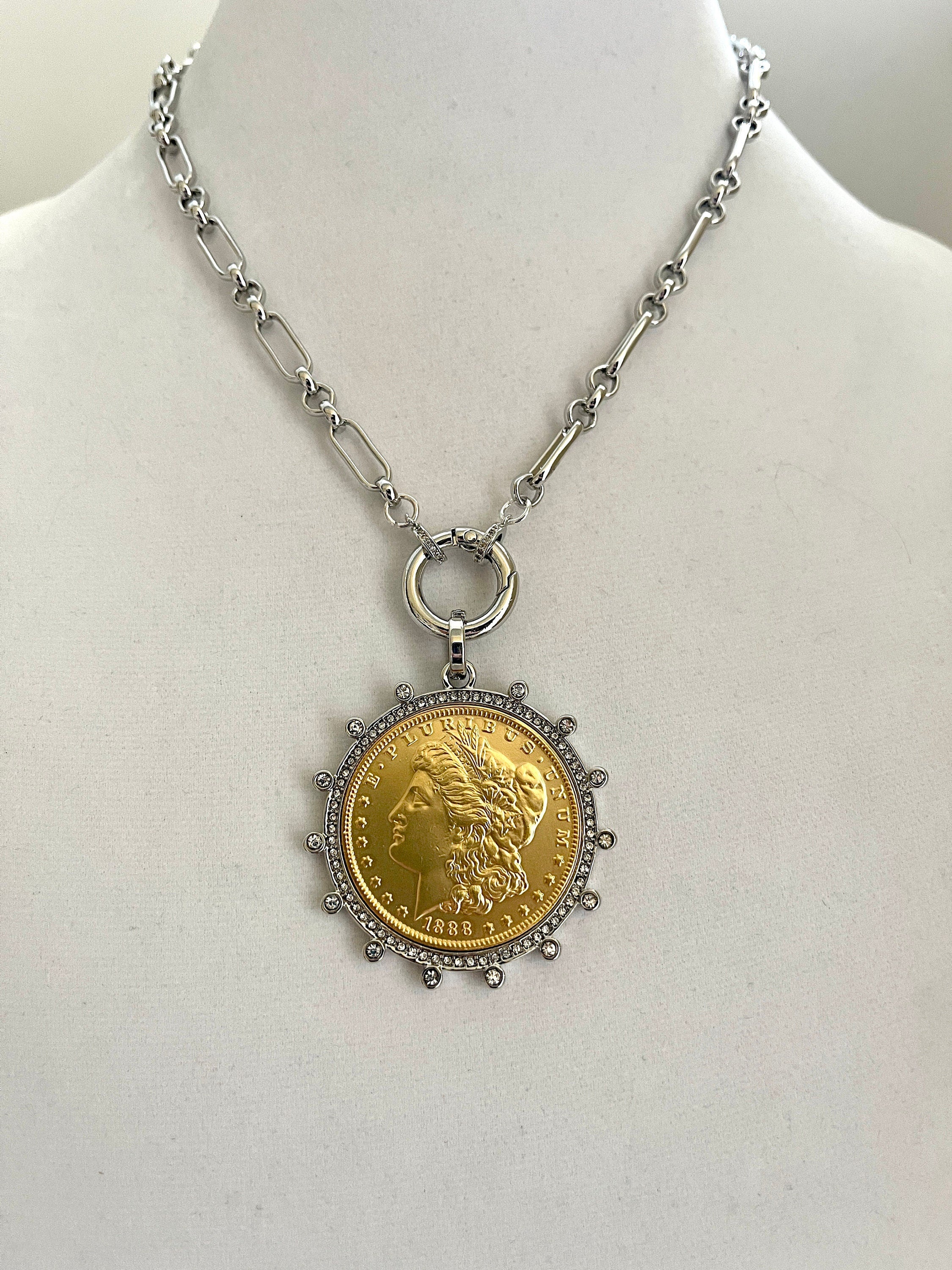 Gold Morgan Dollar Reproduction Necklace – Silver CZ Bezel, Multi-Link Chain