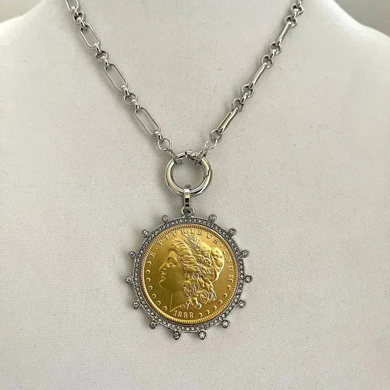 Silver Chain Coin Necklace-Silver Multi Link Chain-Gold Reproduction Morgan Peace Dollar Coin-Silver Cubic Zirconia Bezel -Spring Lock Clasp