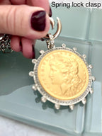 Gold Morgan Dollar Reproduction Necklace – Silver CZ Bezel, Multi-Link Chain