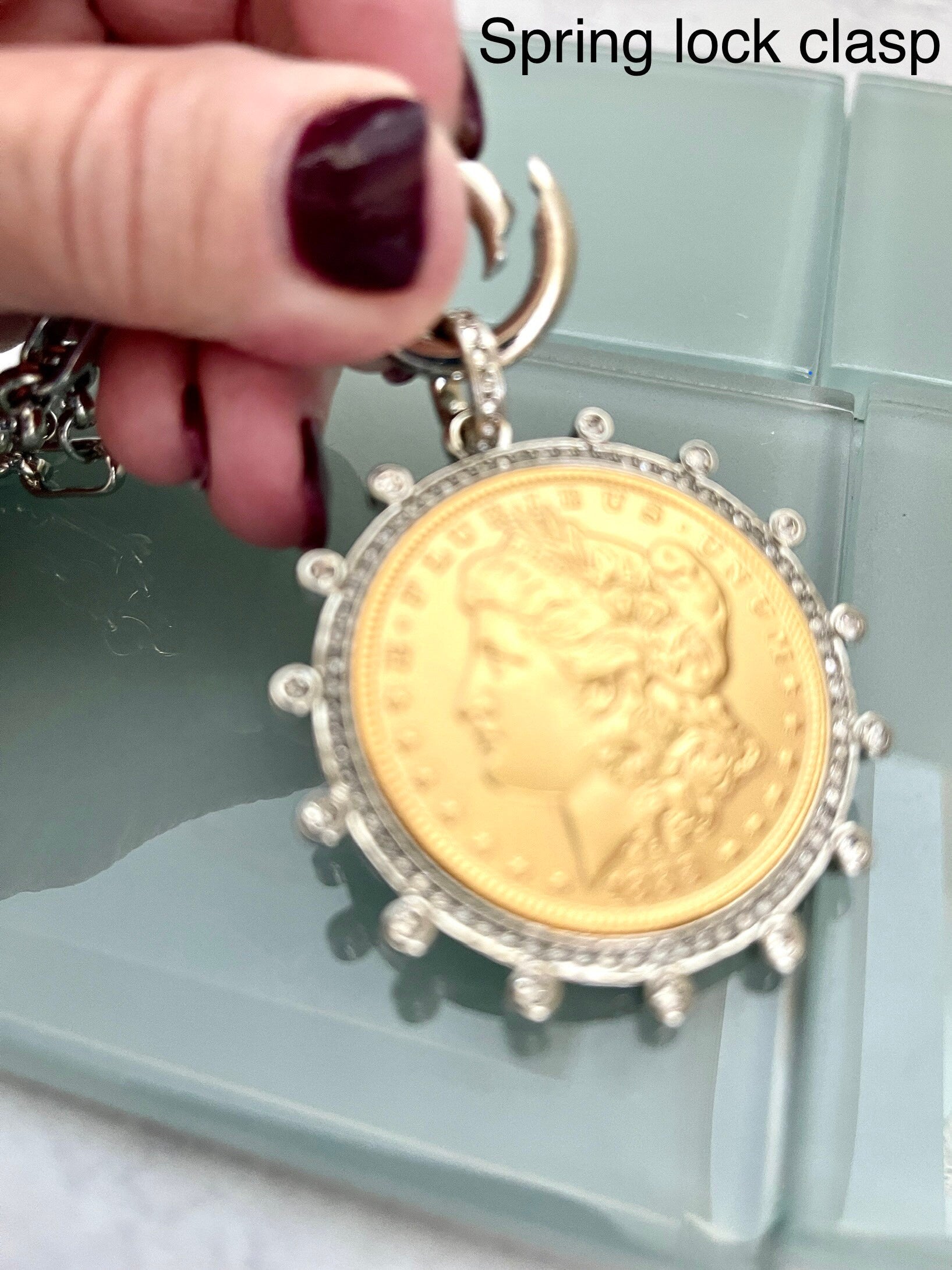 Gold Morgan Dollar Reproduction Necklace – Silver CZ Bezel, Multi-Link Chain