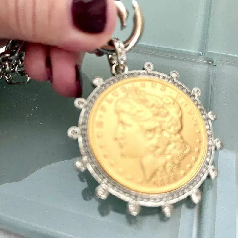 Silver Chain Coin Necklace-Silver Multi Link Chain-Gold Reproduction Morgan Peace Dollar Coin-Silver Cubic Zirconia Bezel -Spring Lock Clasp