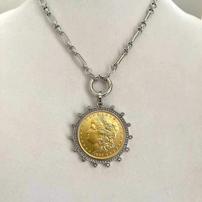 Silver Chain Coin Necklace-Silver Multi Link Chain-Gold Reproduction Morgan Peace Dollar Coin-Silver Cubic Zirconia Bezel -Spring Lock Clasp