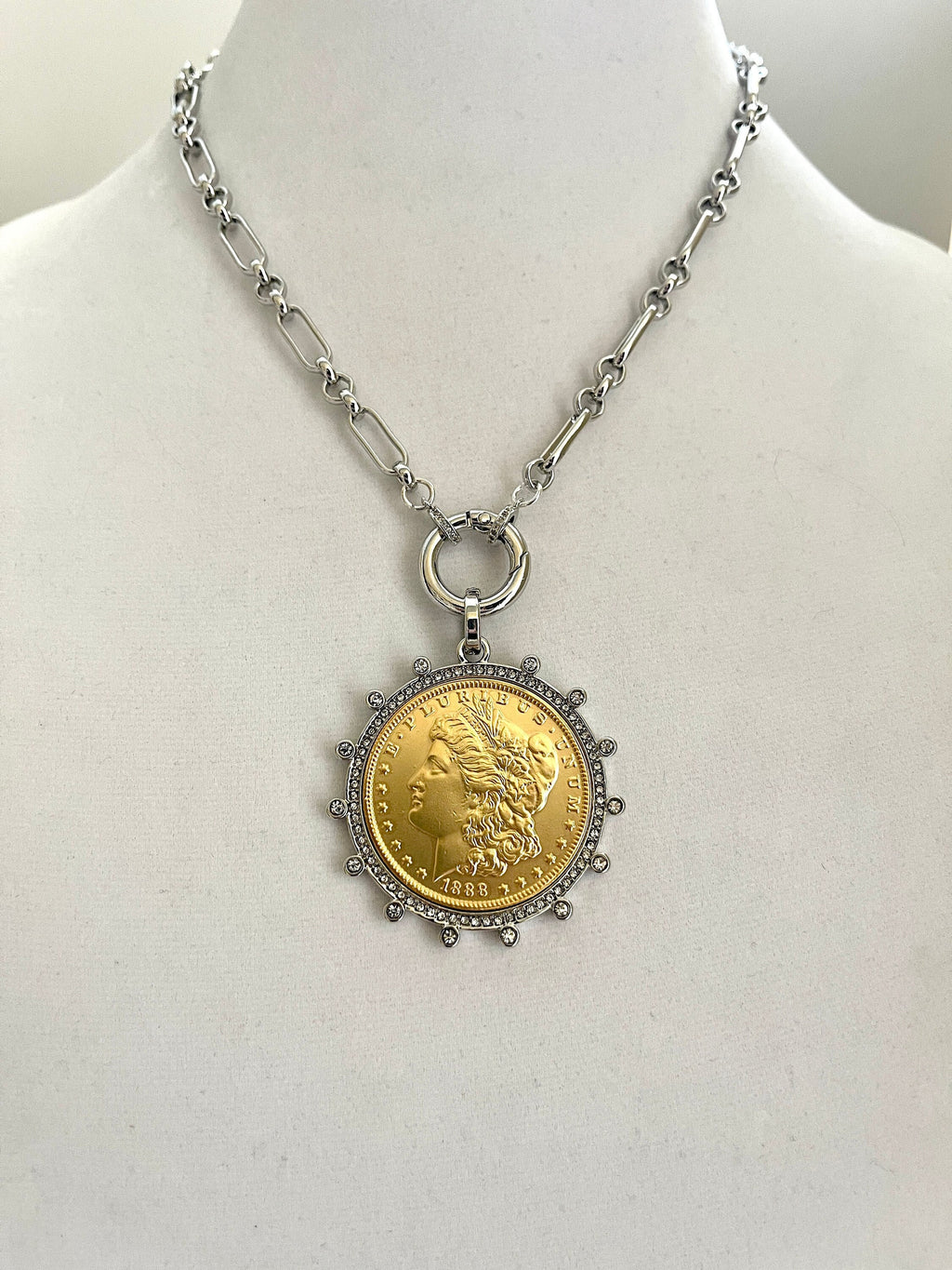 Gold Morgan Dollar Reproduction Necklace – Silver CZ Bezel, Multi-Link Chain