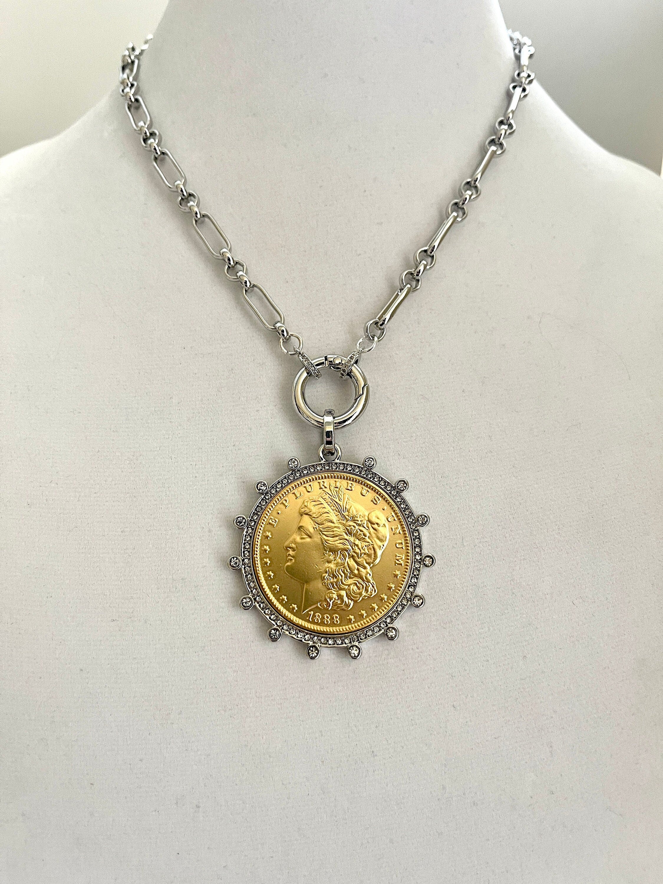 Gold Morgan Dollar Reproduction Necklace – Silver CZ Bezel, Multi-Link Chain