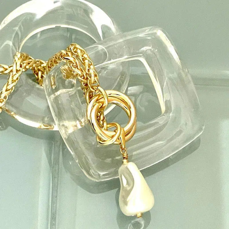 Gold Chunky Rope Necklace-Double Crossover Connector-Baroque Glass Pearl Replica Pendant-Lobster clasp-Wheat Chain-Gift For Her