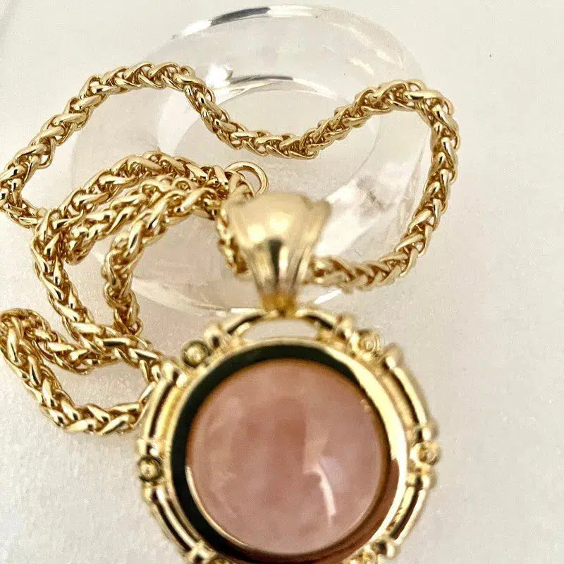 Gold Chunky Rope Necklace-Natural Rose Quartz Stone Pendant-Gold Decorative Bezel Setting-Gold Wheat Chain-Lobster Clasp-Gift For Her