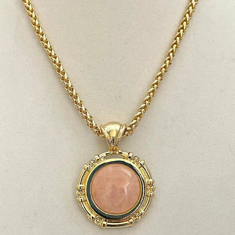 Gold Chunky Rope Necklace-Natural Rose Quartz Stone Pendant-Gold Decorative Bezel Setting-Gold Wheat Chain-Lobster Clasp-Gift For Her