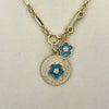 Gold Chain Necklace-CZ Disc Pendant-Turquoise CZ Clover Flower Charms-CZ Bar Feature-Lobster Clasp-Gift For Her