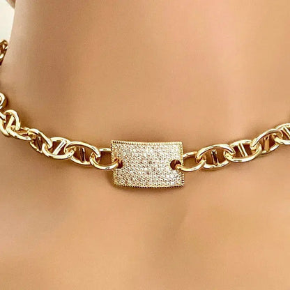 Gold Equestrian Style Chunky Chain-Micro Pave CZ Connector- Choker Chain Necklace-Adjustable Length