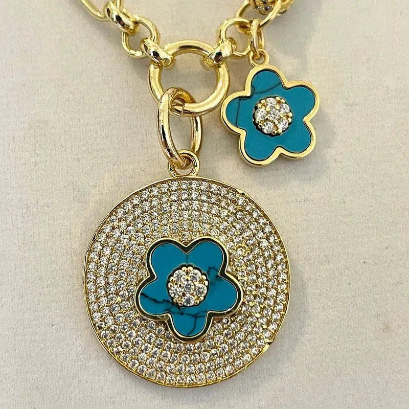 Gold Chain Necklace-CZ Disc Pendant-Turquoise CZ Clover Flower Charms -  Vanessadesigns4u