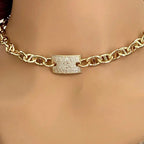 Gold Equestrian Style Chunky Chain-Micro Pave CZ Connector- Choker Chain Necklace-Adjustable Length