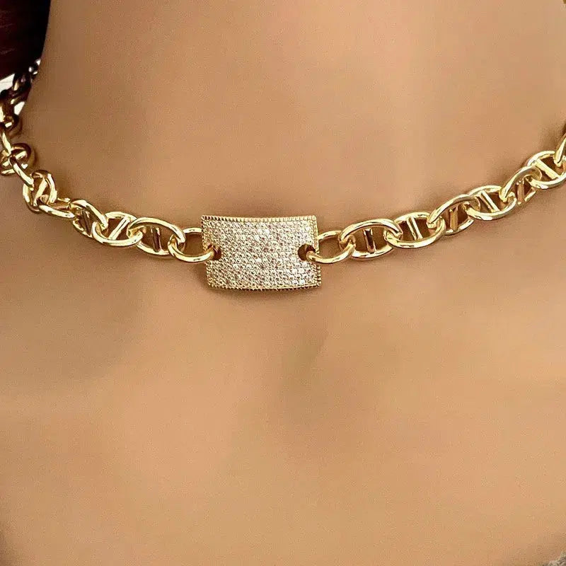 Gold Equestrian Style Chunky Chain-Micro Pave CZ Connector- Choker Chain Necklace-Adjustable Length