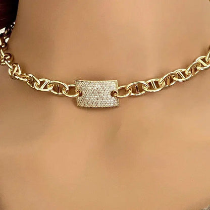 Gold Equestrian Style Chunky Chain-Micro Pave CZ Connector- Choker Chain Necklace-Adjustable Length