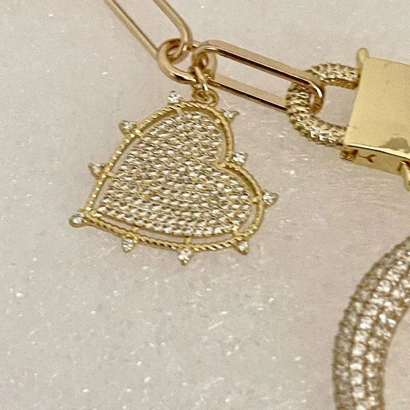 Gold CZ Charm Necklace-Full Moon CZ Pendant-Crescent Moon Charm-Heart Charm-Cable Chain-Cubic Zirconia-Gift For Her