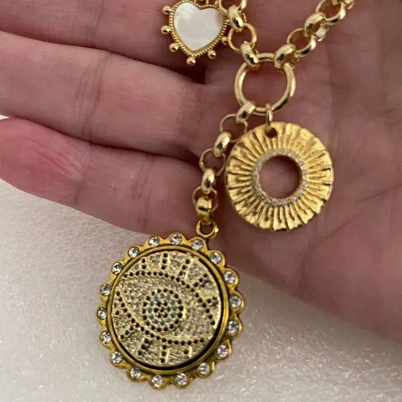 Gold Chain Charm Necklace-CZ Evil Eye Pendant -CZ Gold Disc Charm-Mother of Pearl Heart Charm-2in Extender Chain-Lobster Clasp