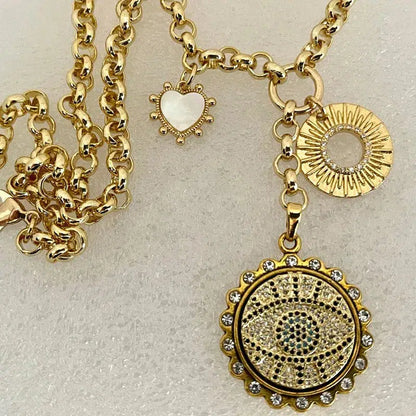 Gold Chain Charm Necklace-CZ Evil Eye Pendant -CZ Gold Disc Charm-Mother of Pearl Heart Charm-2in Extender Chain-Lobster Clasp