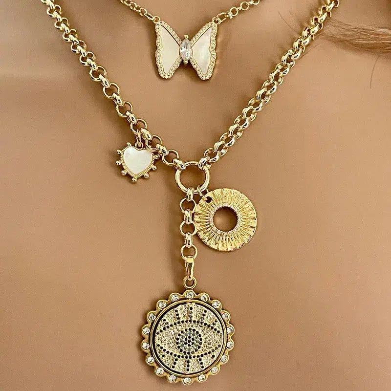 Gold Chain Charm Necklace-CZ Evil Eye Pendant -CZ Gold Disc Charm-Mother of Pearl Heart Charm-2in Extender Chain-Lobster Clasp